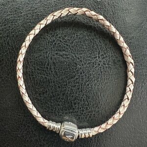 Pandora Leather Cream/Tan Braided Bracelet with Signature Sterling Silver Clasp